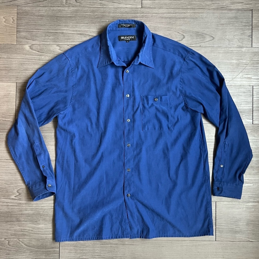 Vintage 80s Blue Brandini Le Collezioni Mens Button Down Shirt Soft Suede Size L